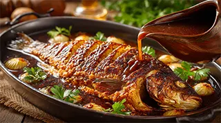 photo of a baked carp with gravy being poured over it from a gravy boat