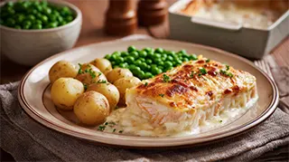 photo of carp casserole with potatoes and creamy peas on the side