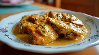 photo of a dish of simmered carp pieces covered in a dark beer butter sauce