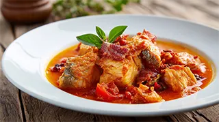 photo of a bowl of carp stew with bacon, onions and tomatoes