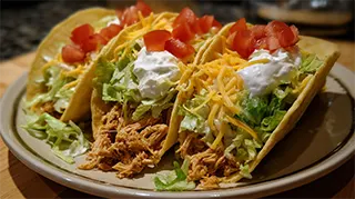 photo of carp tacos with sour cream, shredded cheese, lettuce and tomatoes