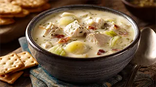 photo of a bowl of creamy carp chowder with crackers