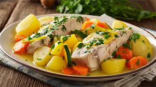 photo of poached carp with vegetables and potatoes