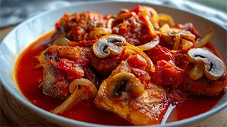 photo of a bowl of serbian carp with red peppers, onions and mushrooms