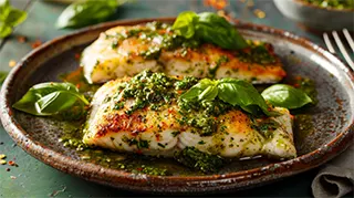 Photo of a mouth watering plate with Baked Catfish with Pesto Sauce