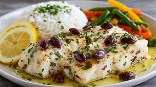 photo of baked cod with olive-lemon butter served with rice and mixed veggies