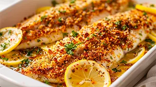 photo of baked lemon catfish with golden breadcrumb coating