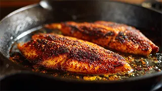 photo of blackened tilapia in a cast iron skillet