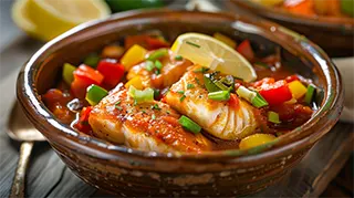 photo of a bowl with braised catfish fillets covered in vegetables and tomato sauce