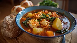 photo of a bowl of brittany cod soup with diced potatoes and onions