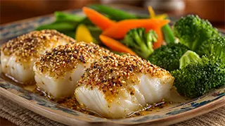 photo of broiled sesame seed cod with steamed vegetables