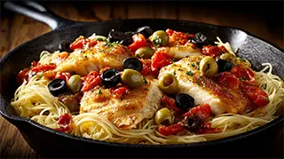 photo of a great looking cast iron frying pan with Corino's tilapia fillets over angle haired pasta