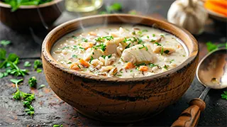 photo of an delicious bowl of catfish and wild rice soup