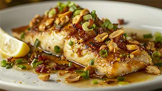 photo of a delectable plate of catfish with peanuts green onions and bacon pan butter