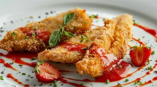 photo of a delectable looking caju catfish meal and spicy strawberry sauce