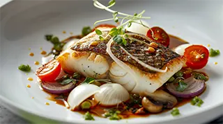 photo of gourmet sea bass fillets with mushroom beurre noisette, perl onions, cherry tomatoes