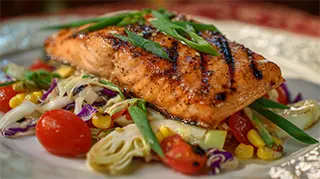 photo of grilled artic char over a vegetable slaw