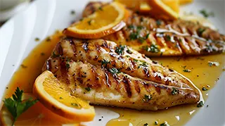 Photo of grilled catfish with tangy orange sauce ganished with orange slices