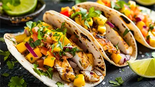 photo of grilled catfish tacos with mango salsa in flour tortillas