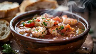 photo of a bowl of hearty catfish and shrimp soup