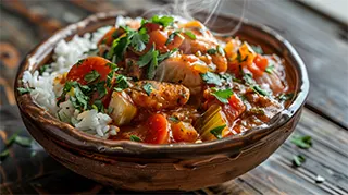 photo of a hearty spicy catfish creole stew over white rice with a rich tomato based sauce and chunky vegetables