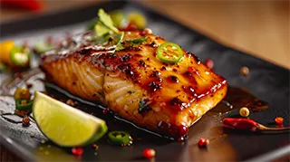photo of a grilled honey,rum,pepper glazed Wahoo fillet