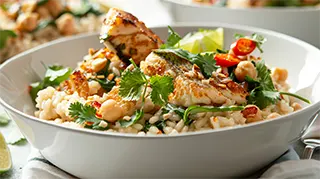 photo of island risotto with sea bass and cilantro, lime creamy Arborio rice