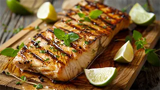 photo of a marinated grilled Wahoo steak with a creamy italian dressing, oregano and olive oil marinade