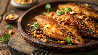 photo of pan fried native american catfish with pine nuts