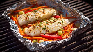 photo of summertime tilapia fillets grilled in aluminum foil with fresh Julienne vegetables