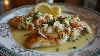 photo of a plate with tilapia fillets topped with crab meat and covered in lemon butter sauce
