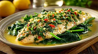 photo of tilapia popeye on fresh spinach covered with a hot pepper lemon butter sauce
