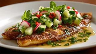 photo of a plate with tilapia fillets covered in cucumber and radish reliish