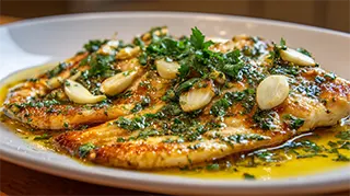 photo of tilapia fillets covered in a garlic, cilantro, parsley and olive oil sauce