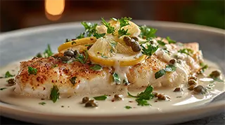 photo of tilapia fillets with lemon, capers and a butter sauce