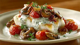 photo of a dish of wesport tilapia covered with sautéed mushrooms, stewed tomatoes and a whipped cream sauce