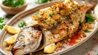 photo of a baked whole striped bass with rice stuffing