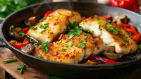 photo of breaded sea bass with red bell peppers, mushrooms, chives and parsley