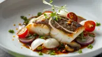 photo of gourmet sea bass fillets with mushroom beurre noisette, perl onions, cherry tomatoes