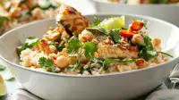 photo of island risotto with sea bass and cilantro, lime creamy Arborio rice