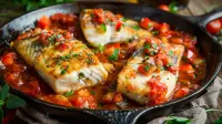 photo of italian fish neapolitan with rich tomato and pepper sauce