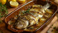 photo of a portuguese style baked sea bass with caramelized onions