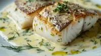 photo of 2 sea bass fillets with creamy white wine sauce