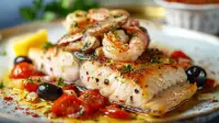 photo of a sheepshead bay baked bass steak with mushrooms shrimp and lemon_wedges