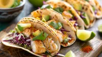 photo of 8 spicy striped bass tacos with avocado and coleslaw