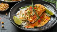 photo of a thai style sauté sea bass fillet with creamy peanut sauce